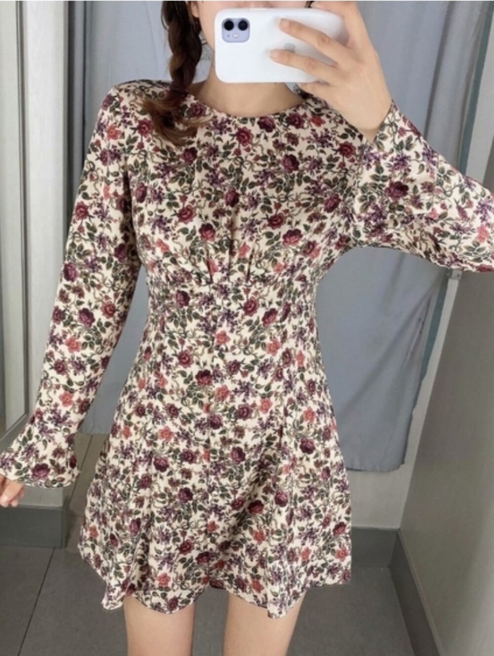 ZARA Satin Effect Cream Floral Long Sleeve Mini Dress